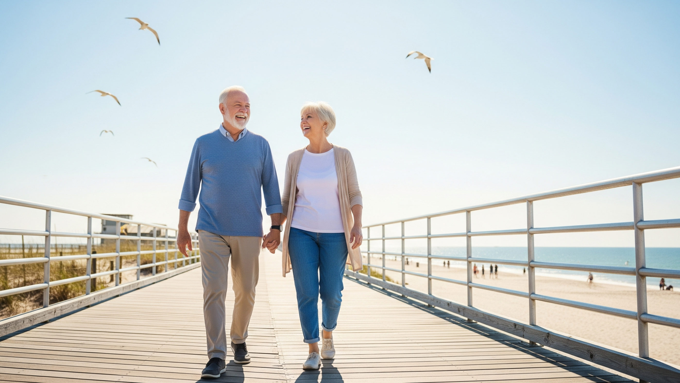 A senior couple walking happily on a boardwalk