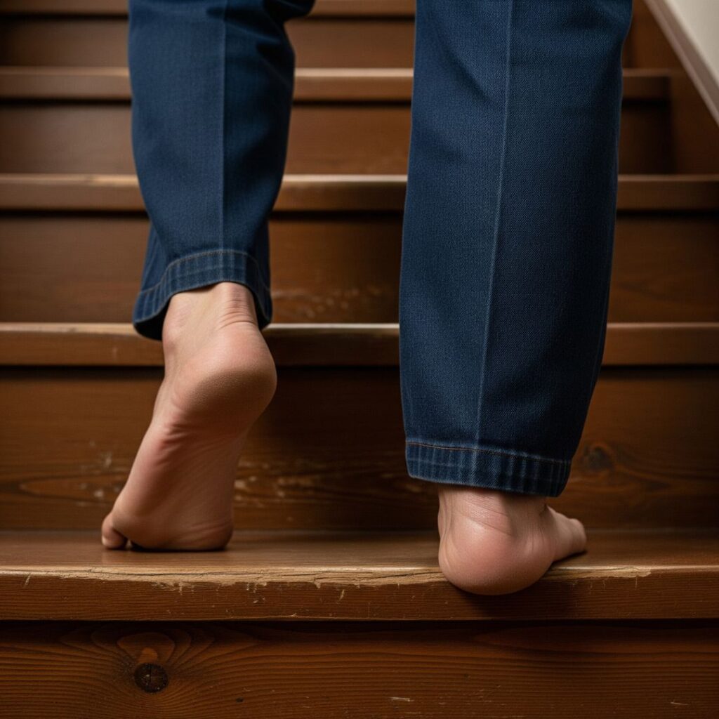 AOI-Hip Pain: Recognizing When Surgery is the Right Option 3 A low-angle shot of feet on stairs, where one leg is struggling to make the step up