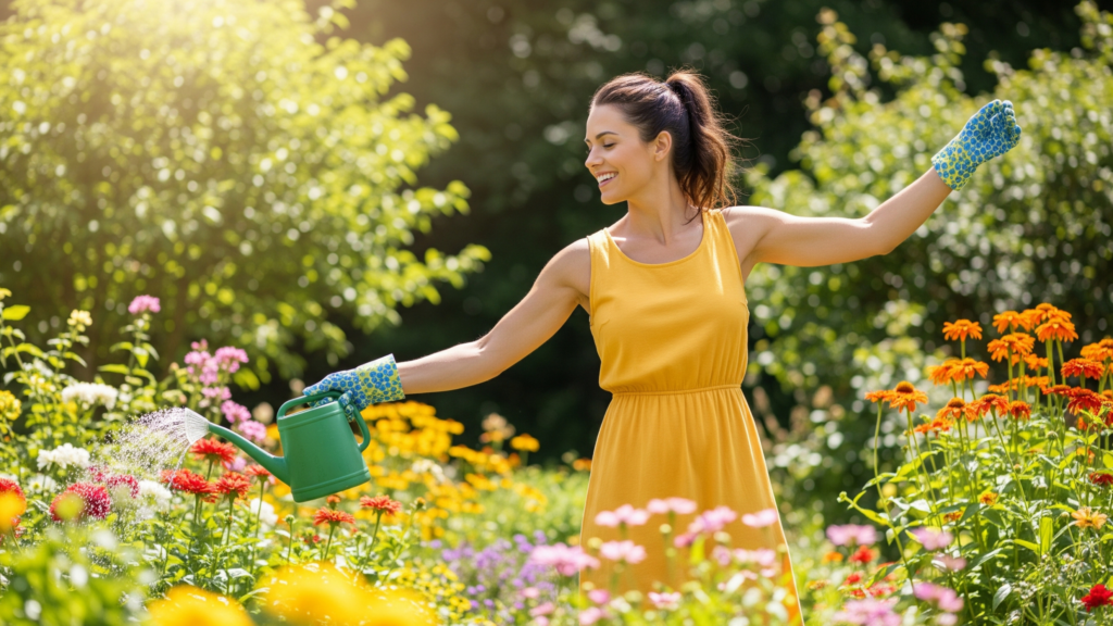 A woman happily gardening, symbolizing a full recovery and return to cherished activities
