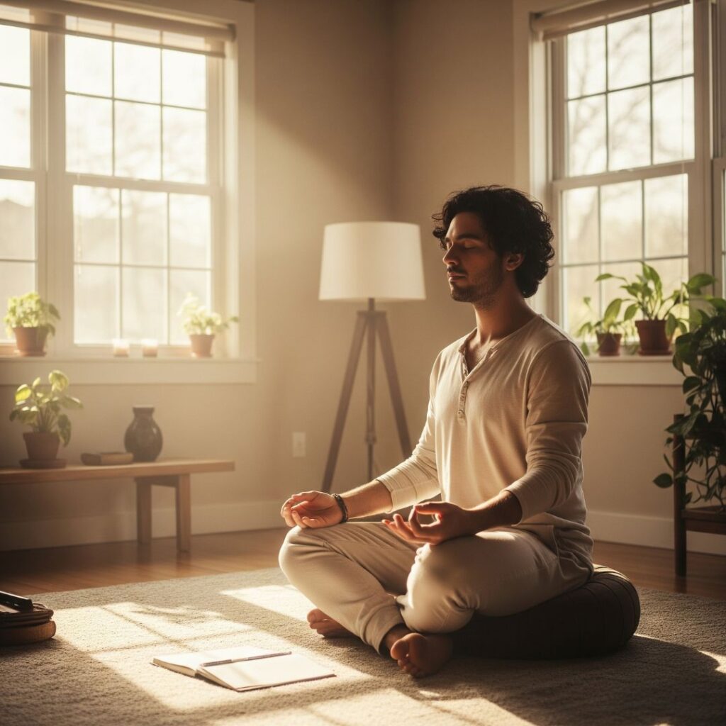 AOI-Tips for a Successful Rehabilitation After Shoulder Surgery 5 A person meditating in a quiet, sunlit room