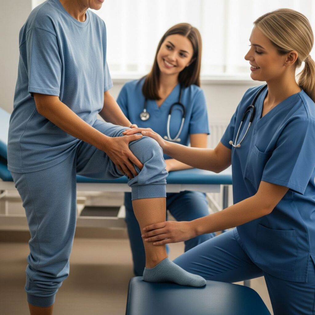 Nurses helping person off table post-surgery