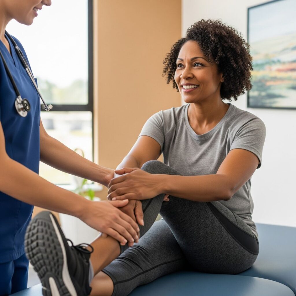 Nurse talking with woman about her knee