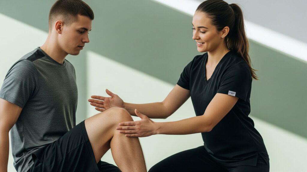 Nurse looking at man's knee