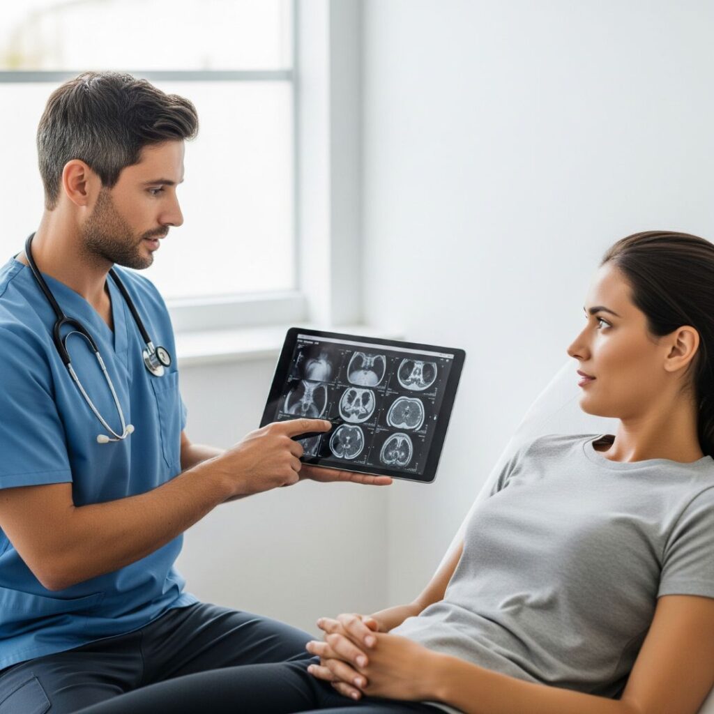Doctor and patient ooking at charts