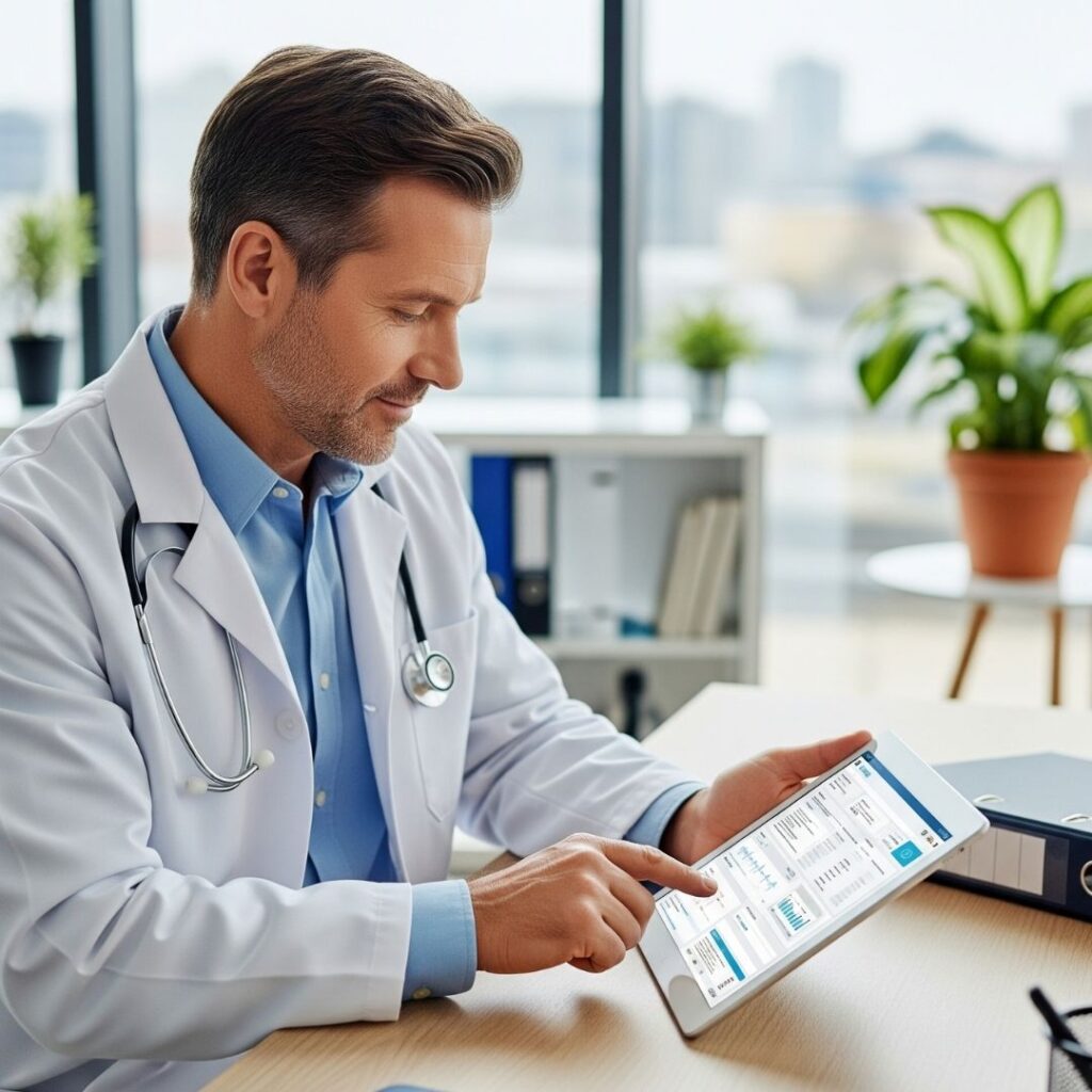 A doctor reviewing a patient's medical history on a tablet