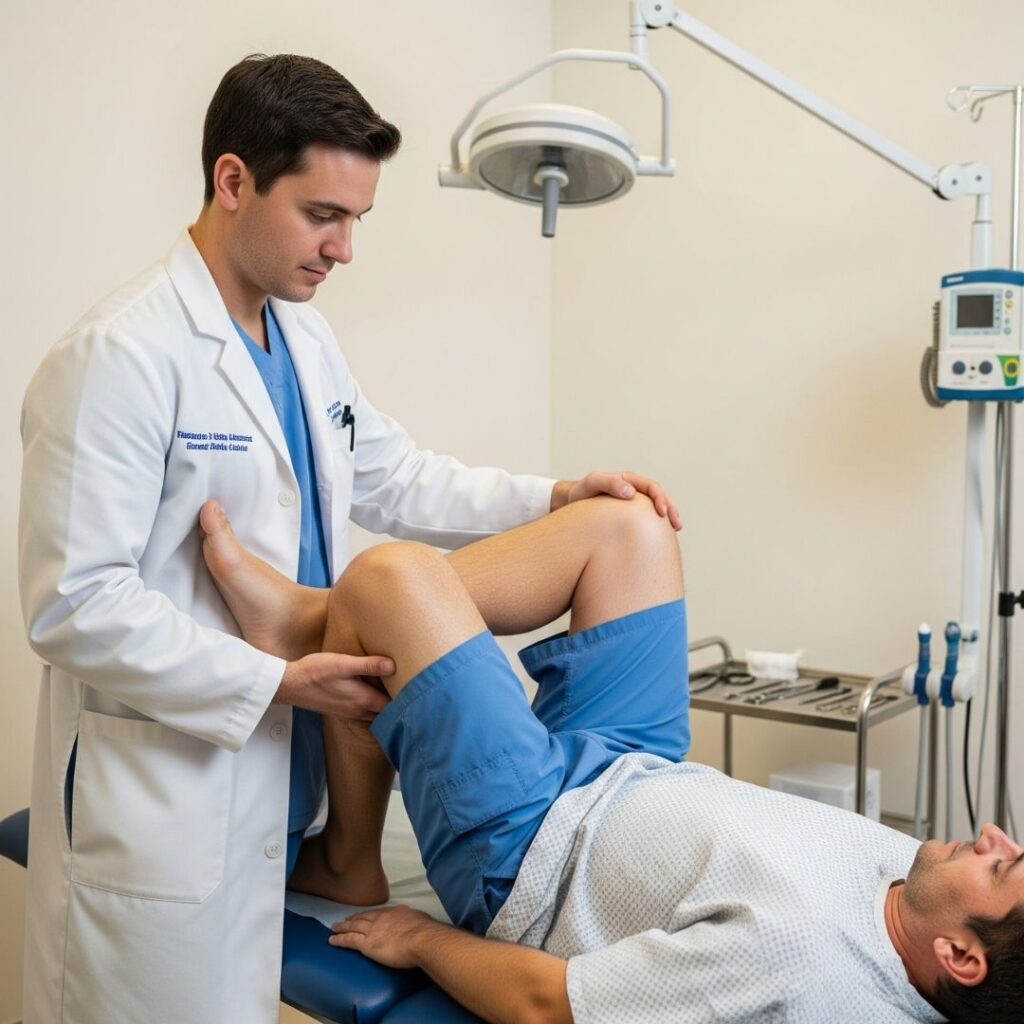 An orthopedic doctor carefully conducts a hip range of motion assessment on a patient