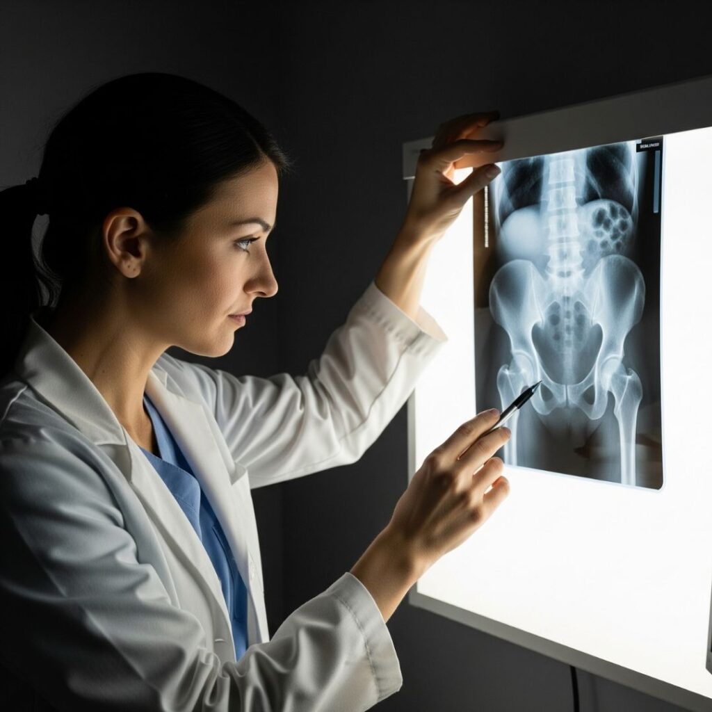 A radiologist carefully studies a pelvic X-ray, looking for diagnostic details on a light box