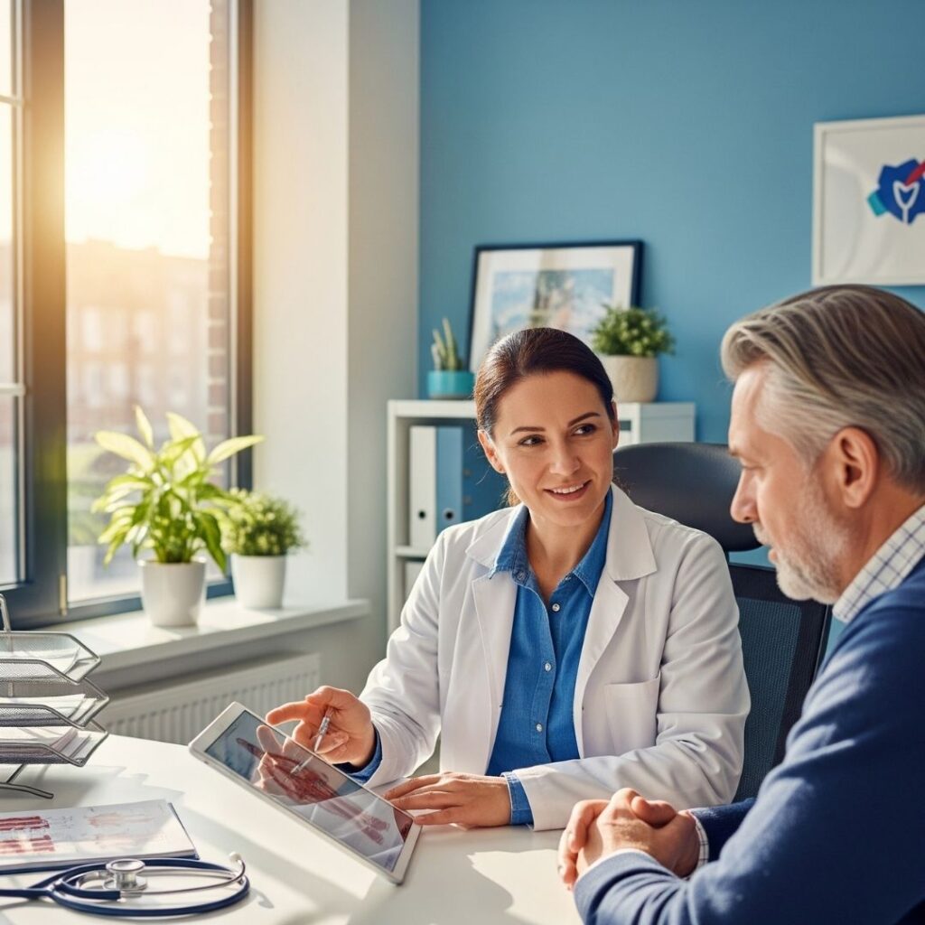 A doctor and a patient have a collaborative discussion about a treatment plan in a clinic office.