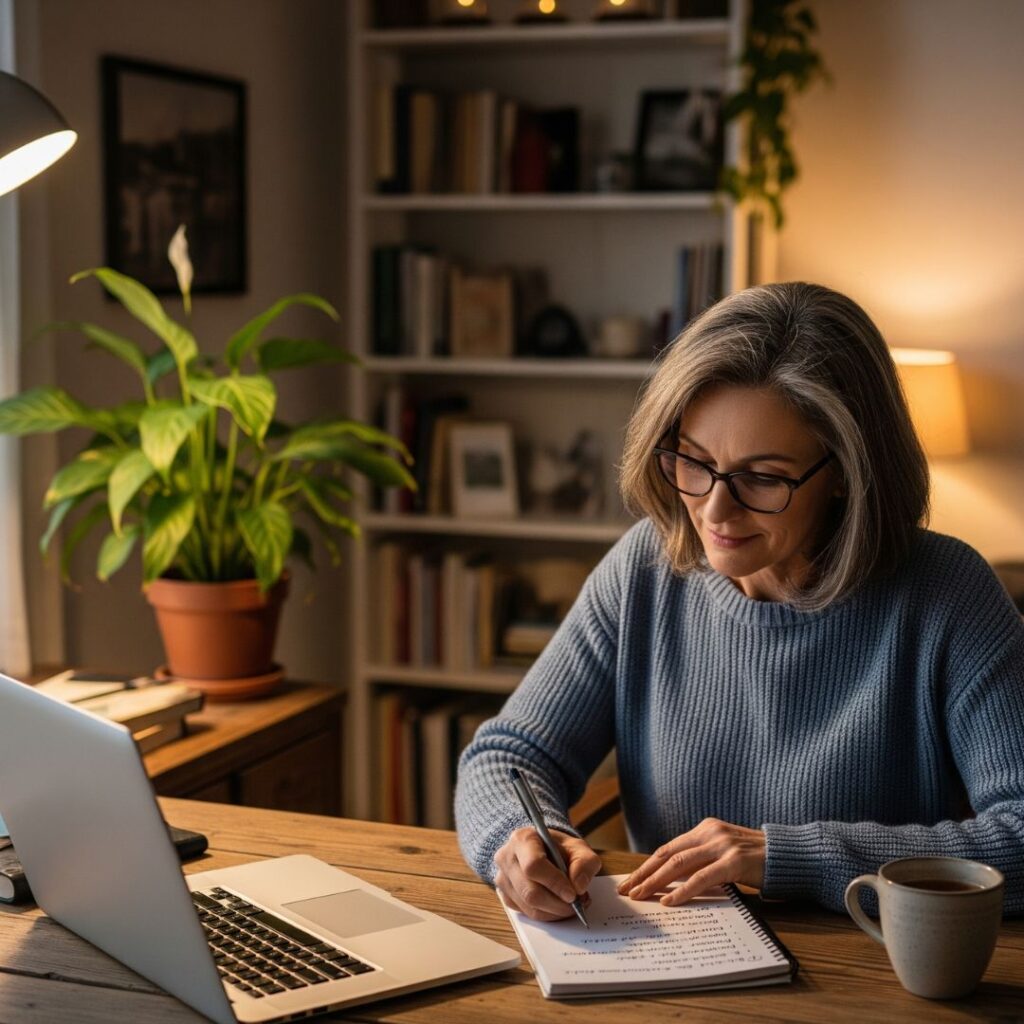 A mature person writing notes at a desk before an appointment
