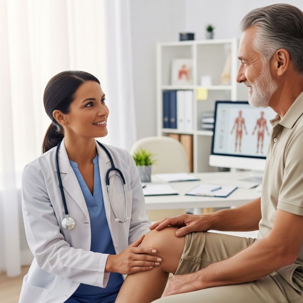 An orthopedic doctor carefully examines a senior patient's knee in a bright clinical setting.