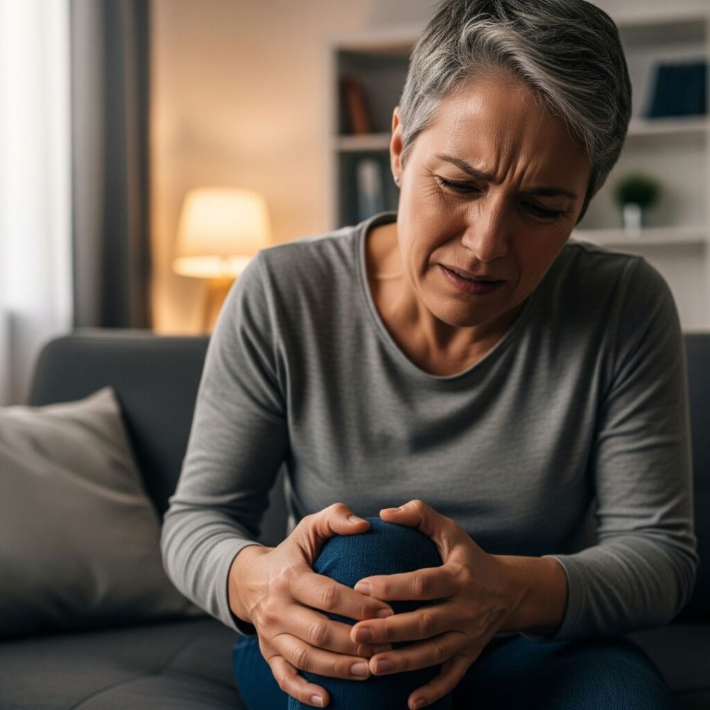 A person sits on a couch at home, holding their knee in discomfort