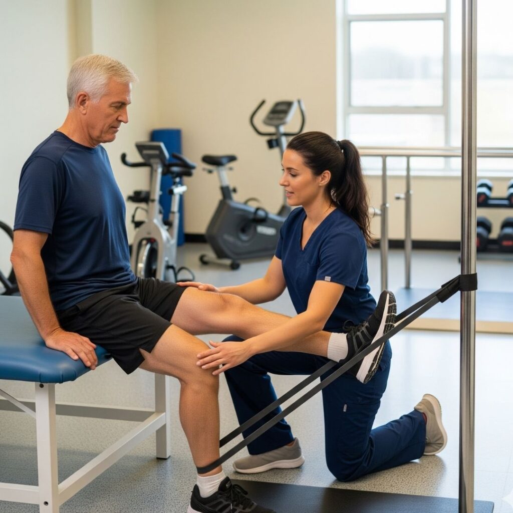 A physical therapist assists a patient with a gentle knee exercise in a rehabilitation clinic