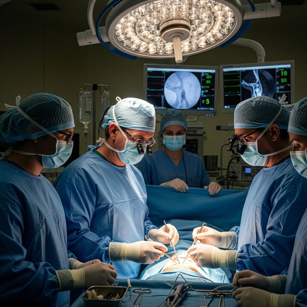A focused surgical team works together in a modern, well-lit operating room