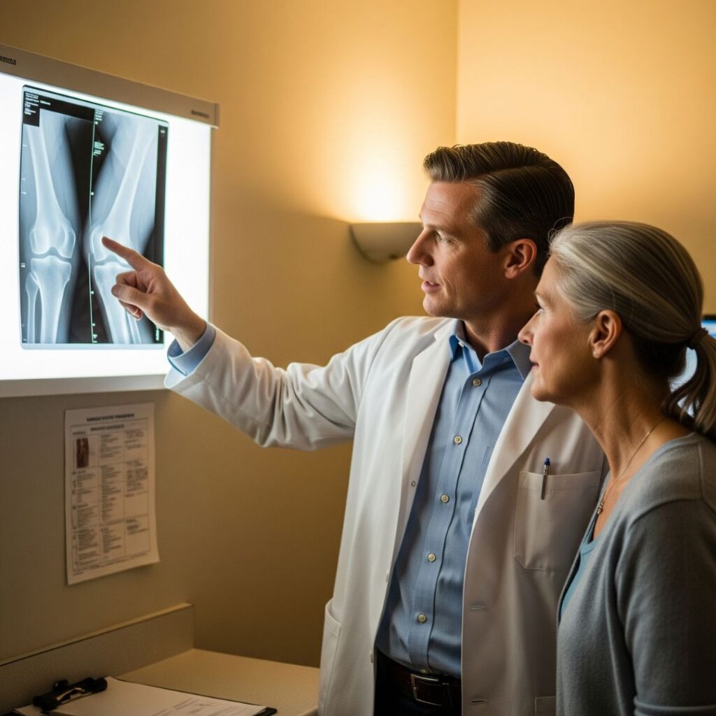 A doctor and patient reviewing a knee x-ray together