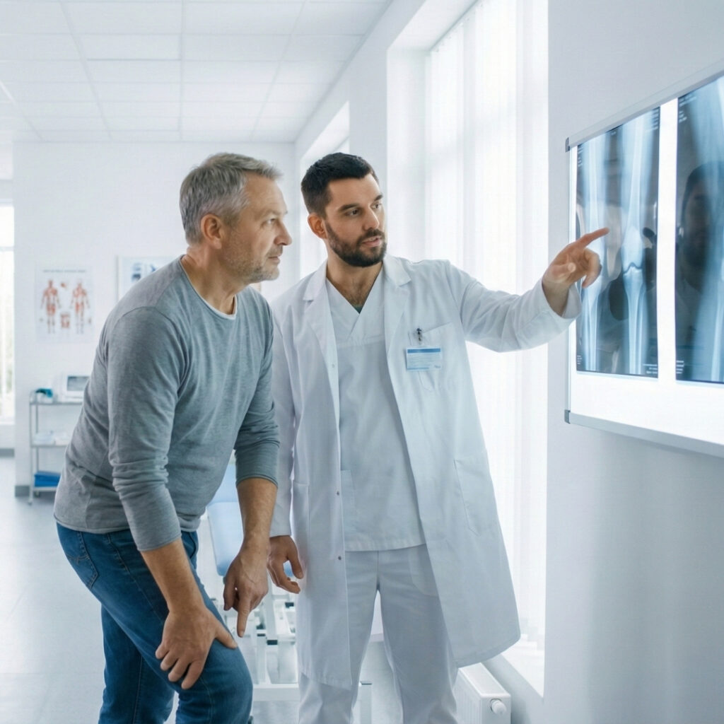 Man standing in a healthcare clinic, gently holding their knee while reviewing their X-rays with an orthopedic specialist