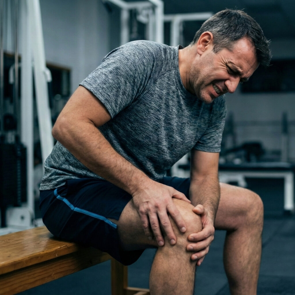 an adult seated on bench holding knee with both hands