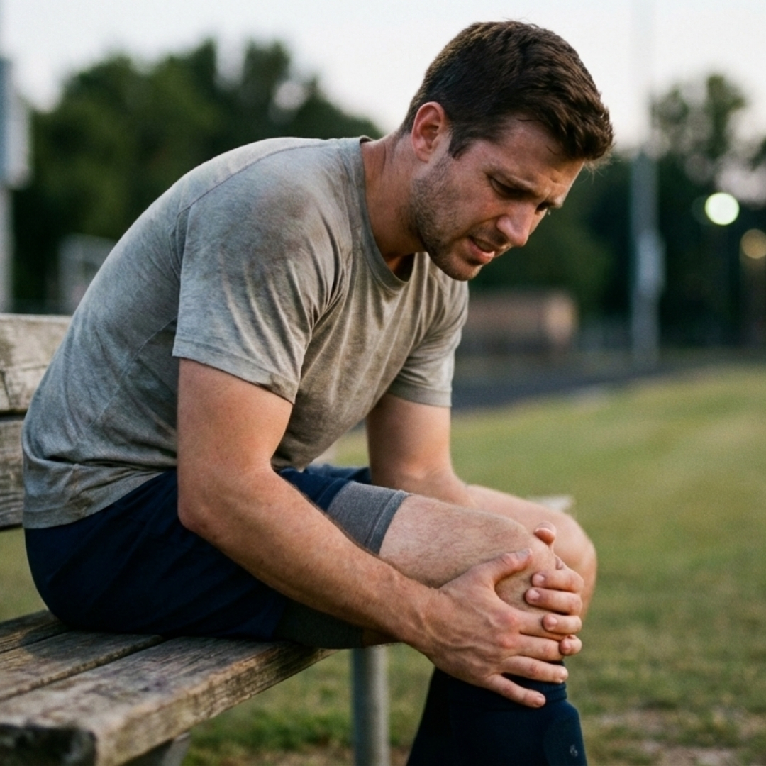 an athlete seated on bench holding knee