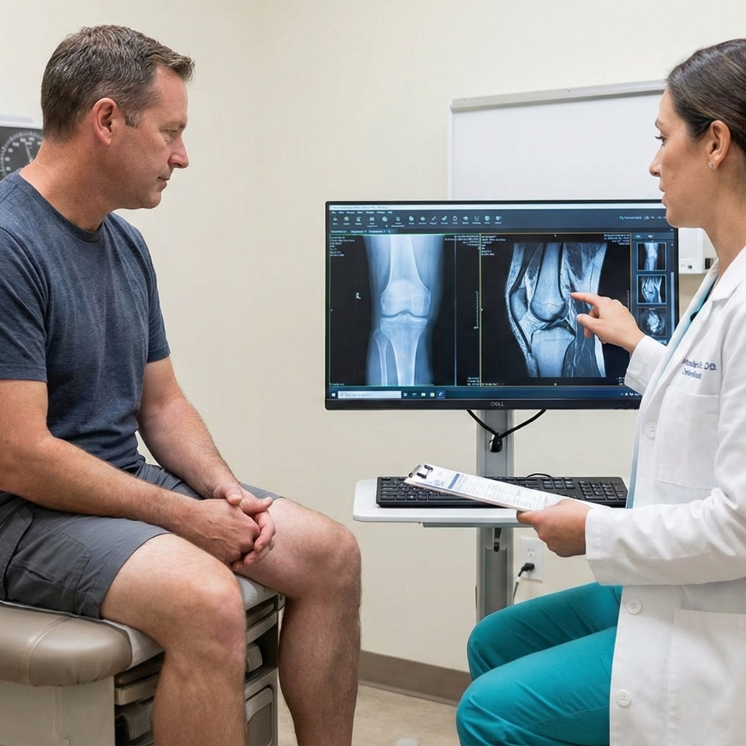 patient seated on exam table while orthopedic provider reviews knee imaging