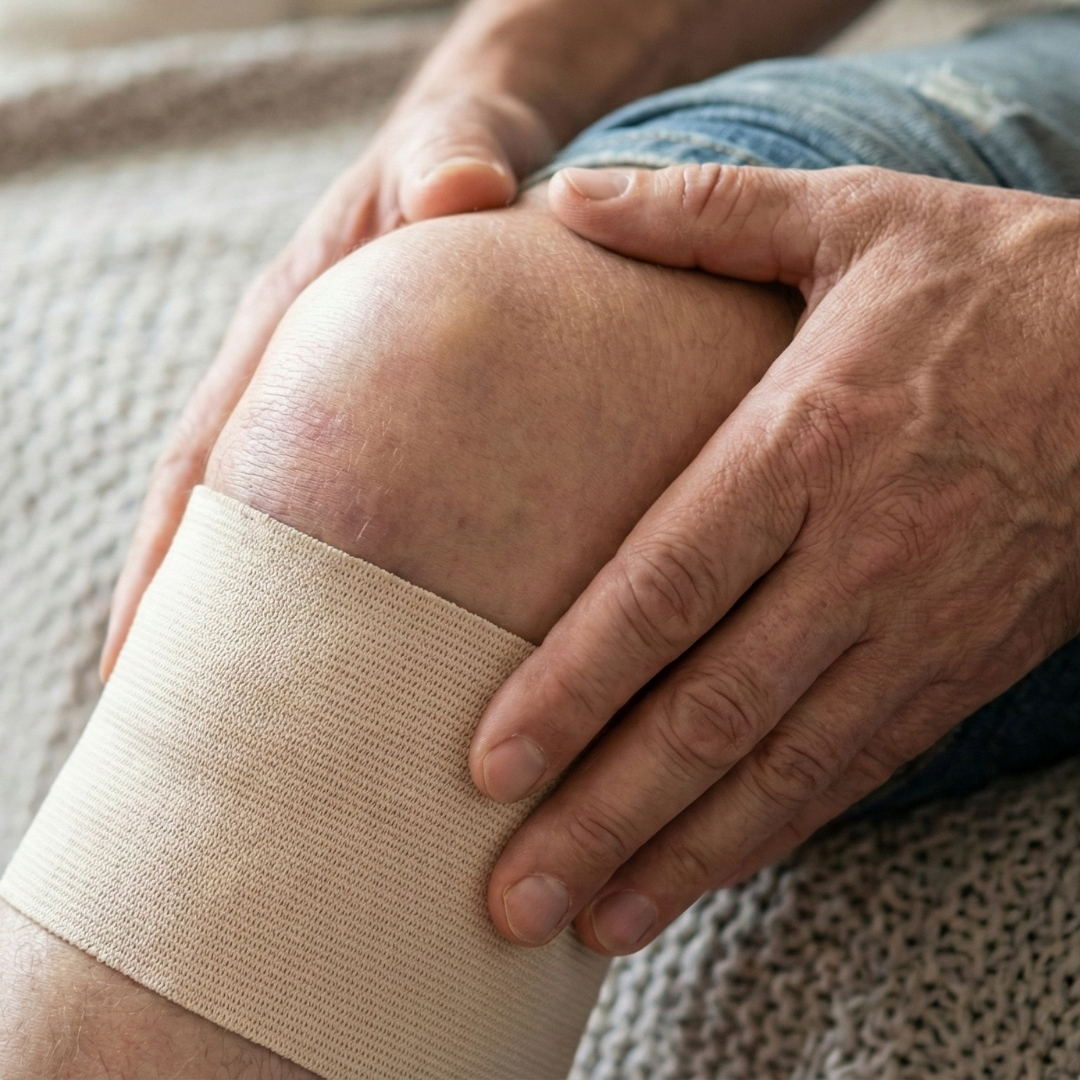close-up image of a hand resting on a knee with a meniscus injury