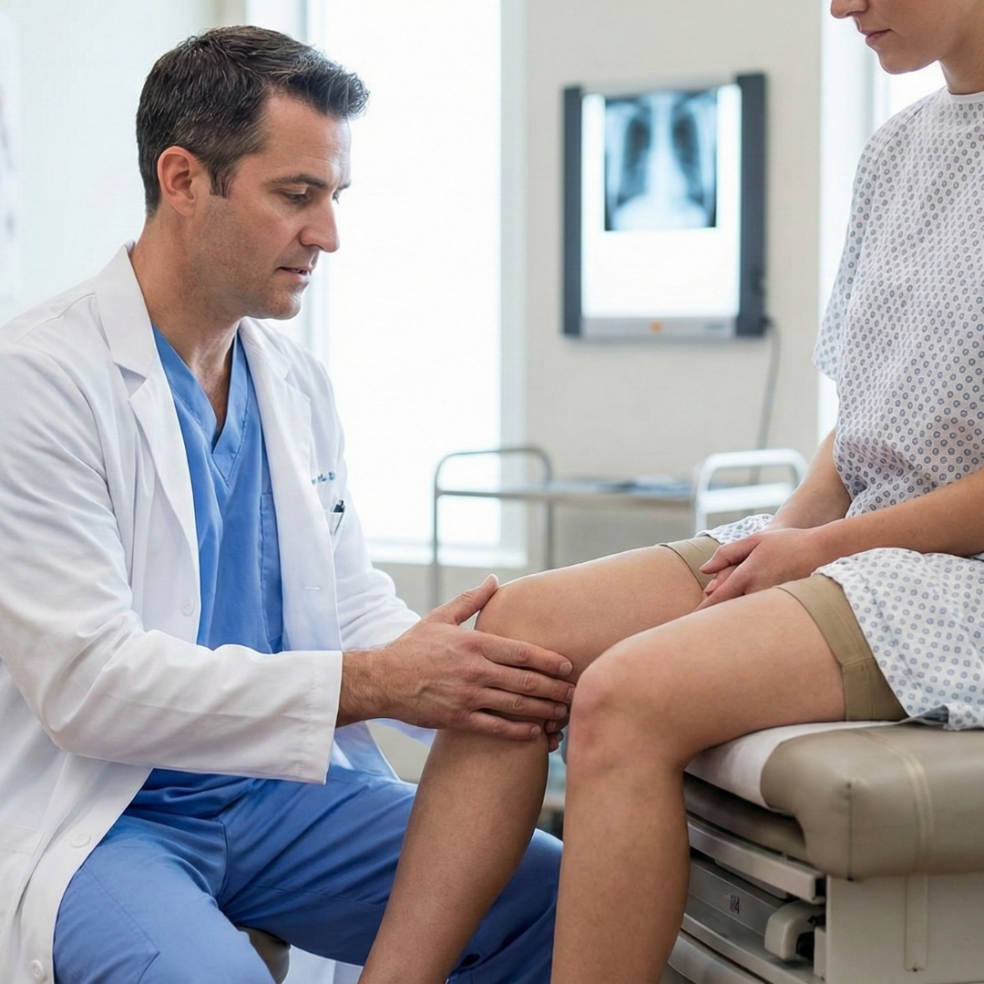 an orthopedic provider performing knee exam in clinic