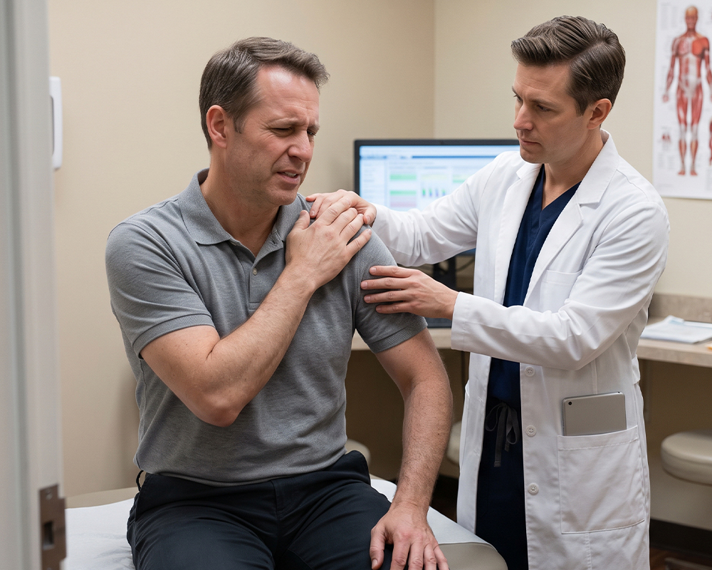 A patient with chronic joint issues wincing and clutching his shoulder during a medical exam at Austin Orthopedic Institute, illustrating symptoms of instability and mobility loss.