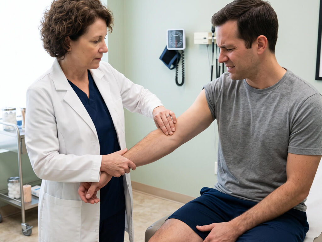 Specialist assessing arm weakness and bicep tendon strain during a medical examination.
