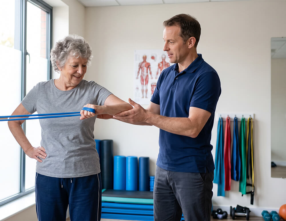 a senior woman working through her rotator cuff injury recovery with a male physiotherapist.