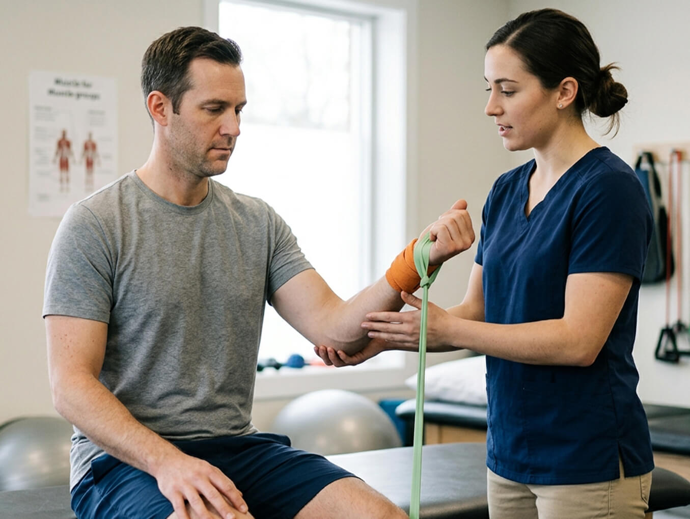Patient performing guided physical therapy exercises for non-surgical bicep tendon recovery.