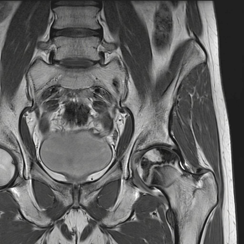 High-resolution diagnostic scan detailing femoral head necrosis and hip joint anatomy for AVN evaluation.