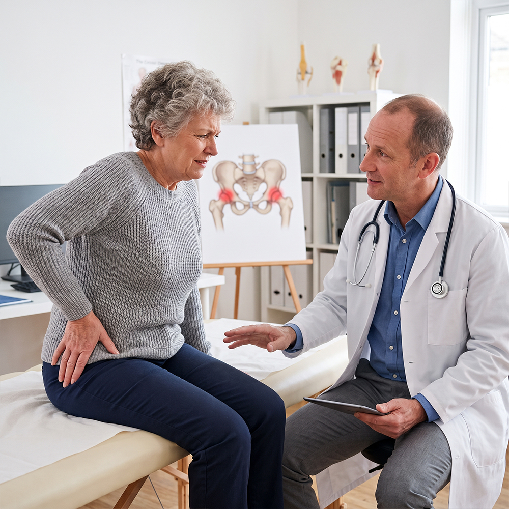 A patient sitting down and resting a hand on their hip joint, illustrating localized joint discomfort and stiffness.