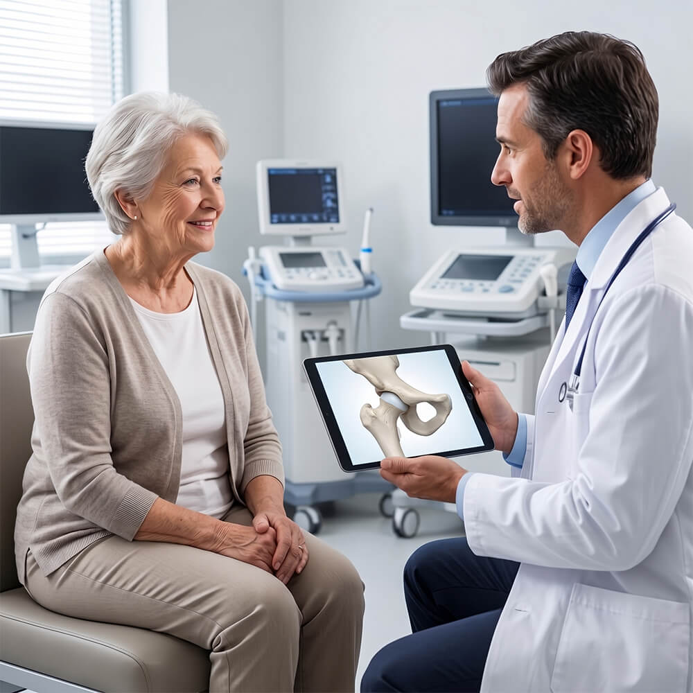 A comfortable patient undergoing a non-surgical radiofrequency ablation therapy consultation for osteoarthritis in the hip in a modern medical suite.