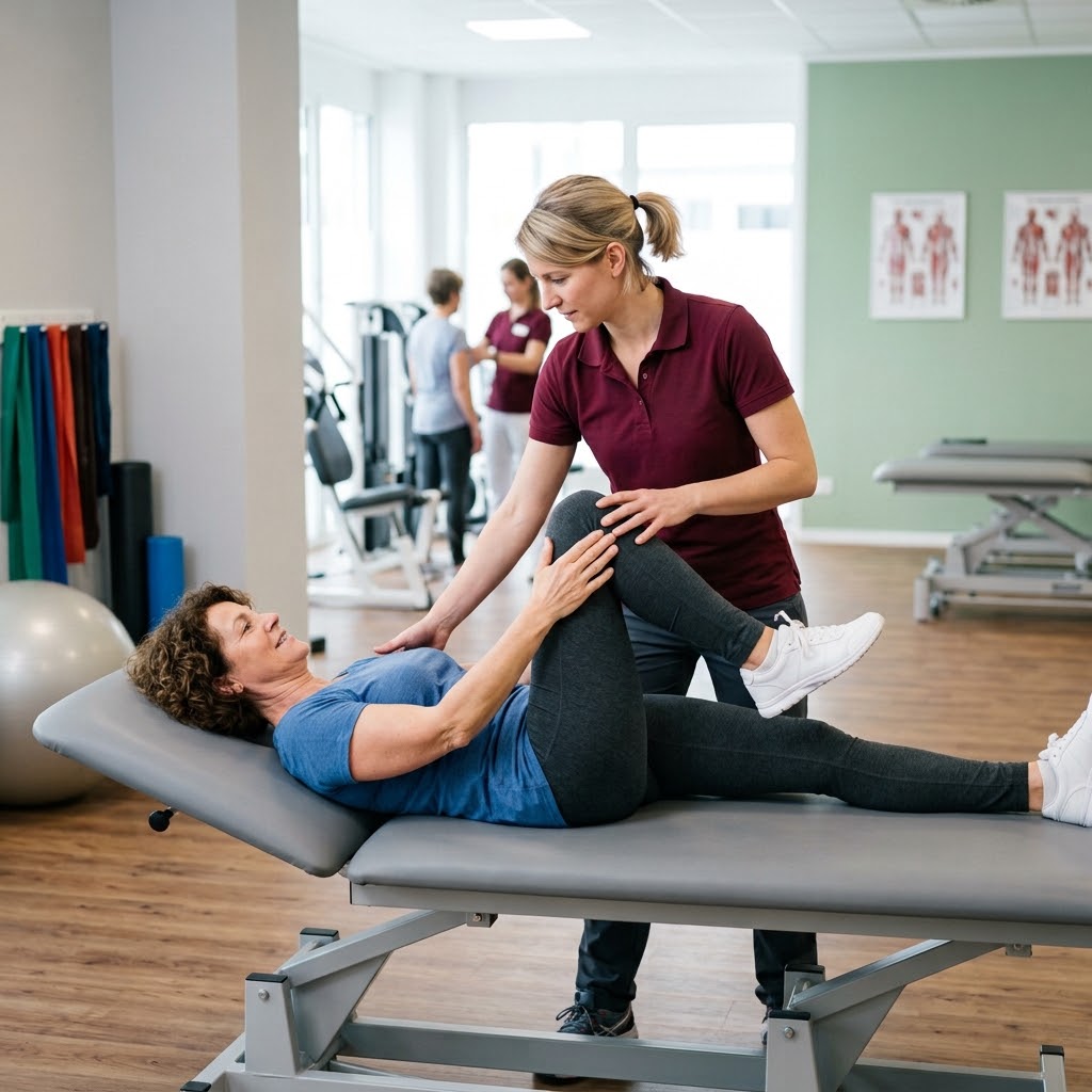 A physical therapist guiding a patient through hip joint rehabilitation exercises in a modern clinic.