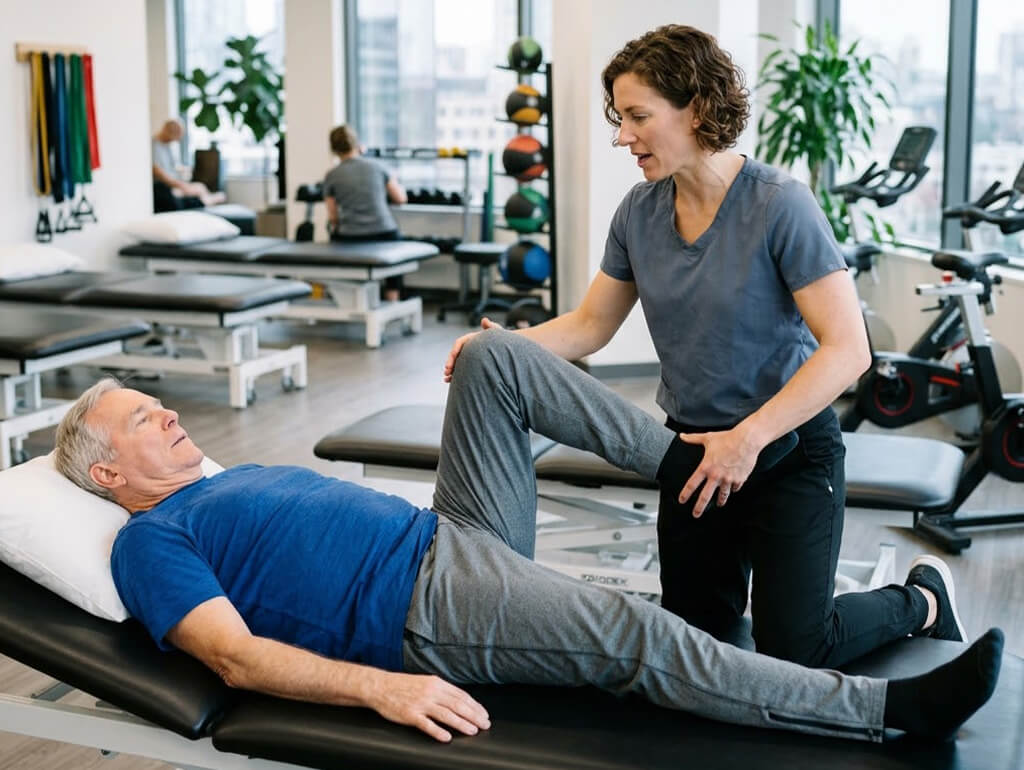 A physical therapist guiding a patient through hip joint rehabilitation exercises in a modern clinic.