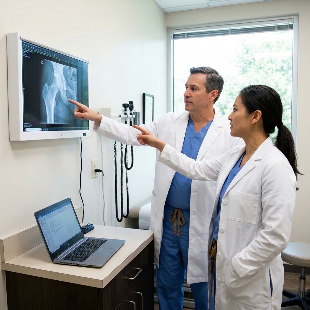 Dedicated orthopedic surgeons at Austin Orthopedic Institute analyzing a digital hip joint X-ray in a modern medical office to identify preservation solutions.