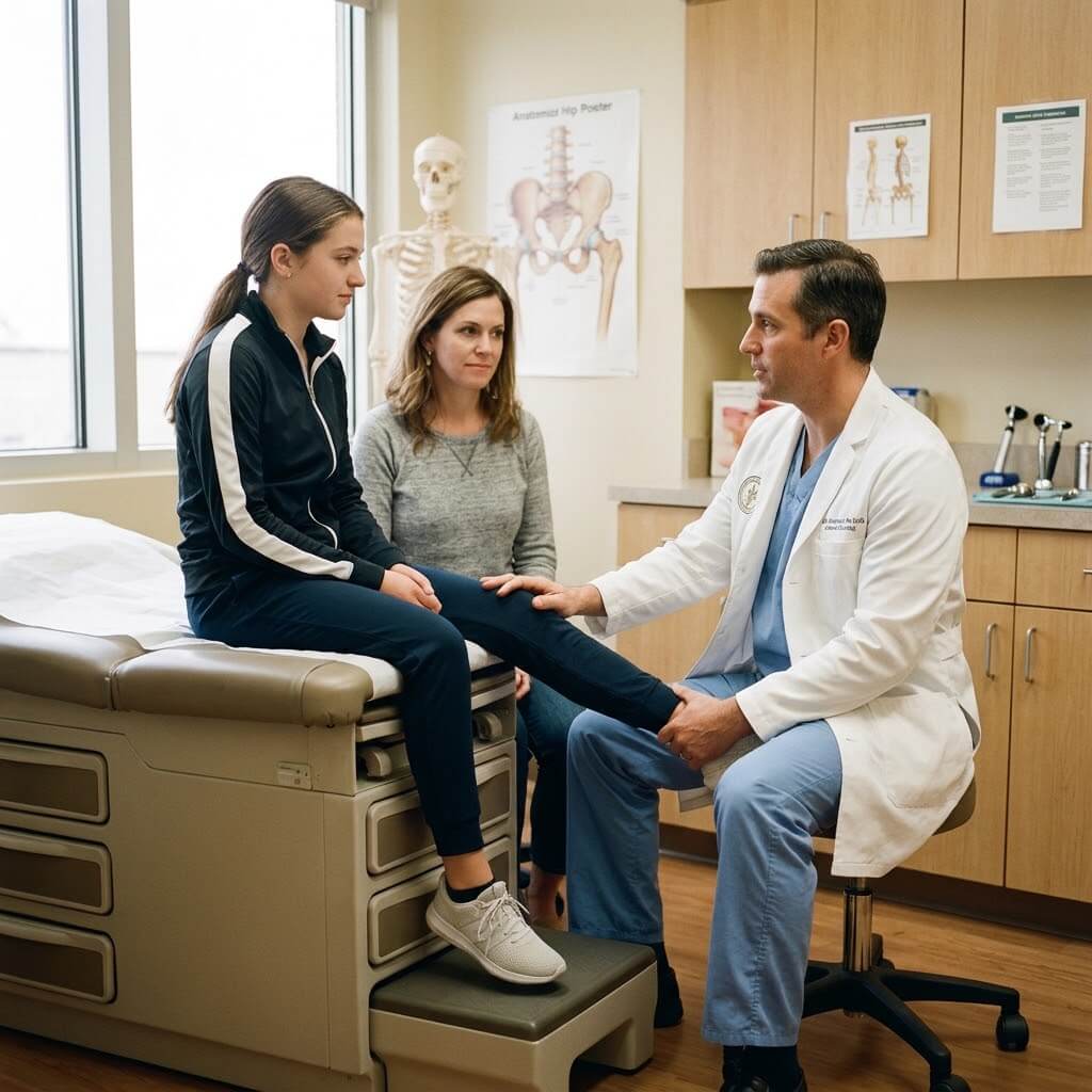 An orthopedic specialist at Austin Orthopedic Institute points to an X-ray on a digital monitor to analyze hip dysplasia and assess structural hip instability.