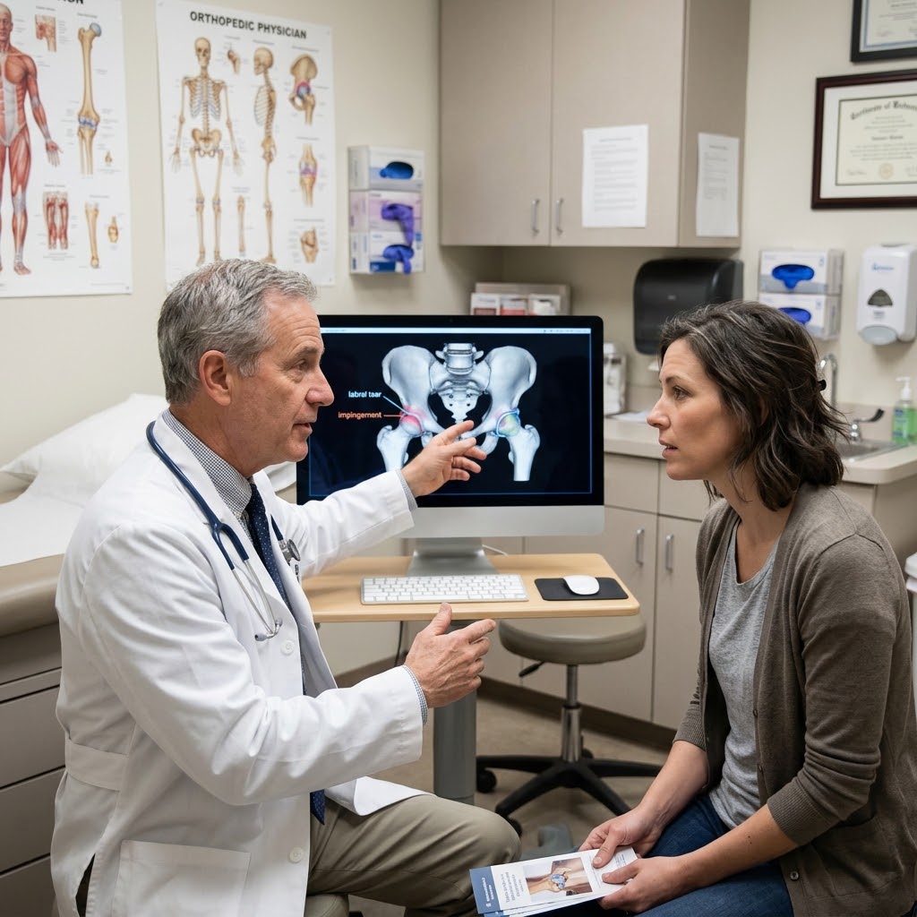 An orthopedic physician in a medical exam room pointing to a 3D medical visualization of a hip joint on a monitor while explaining a labral tear and impingement surgery to a female patient.