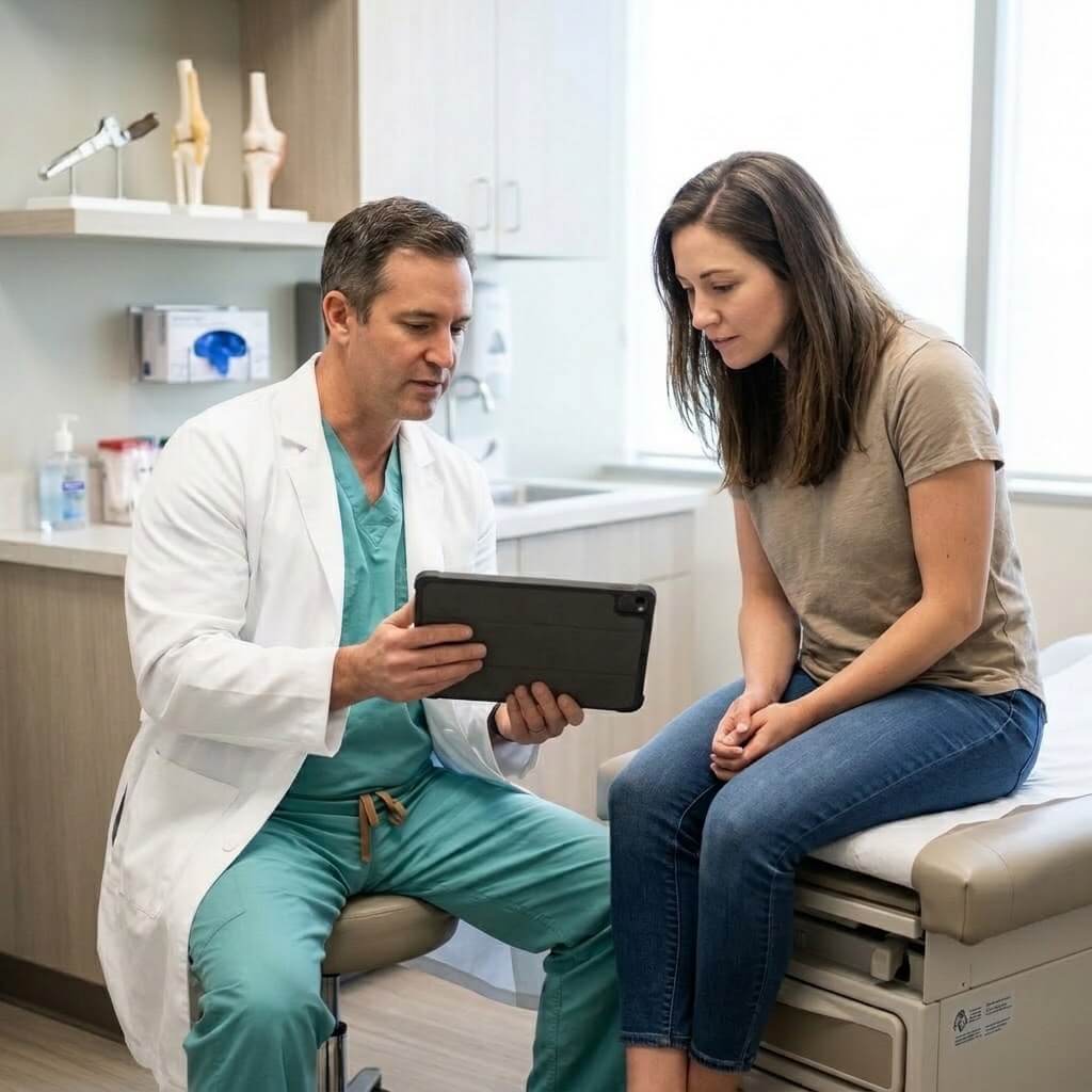 An adult hip dysplasia specialist at Austin Orthopedic Institute shows a patient her digital hip scan on a tablet during a consultation to discuss personalized joint preservation treatments.