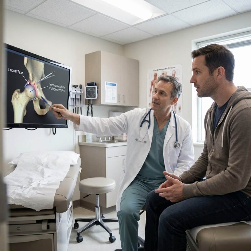 An orthopedic physician in a medical exam room pointing to a 3D medical visualization of a hip joint on a monitor while explaining a labral tear and impingement surgery to a male patient.