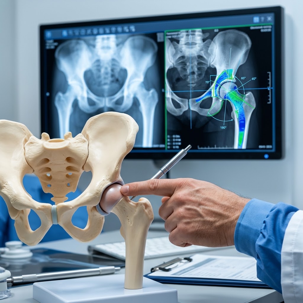 A photorealistic 1:1 close-up image of an orthopedic specialist pointing to an anatomical model of a hip joint and reviewing an X-ray on a digital screen, demonstrating advanced surgical planning and precision.