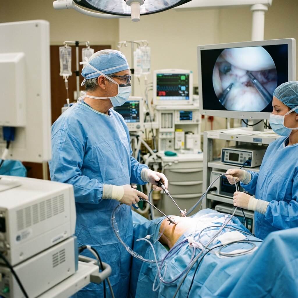 An orthopedic surgeon performing a minimally invasive hip arthroscopy in an operating room, manipulating instruments through portals while monitoring screens displaying intraoperative joint footage.