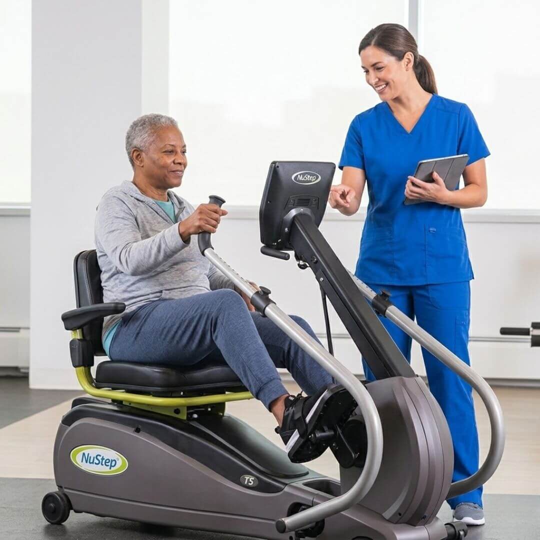 a physical therapist helping a patient with hip exercises