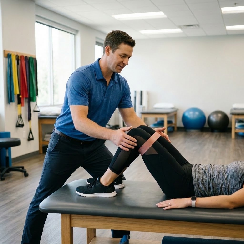 A candid photograph of a middle-aged woman sitting on a physical therapy bench, gently holding her hip in discomfort as she consults with a therapist from Austin Orthopedic Institute.