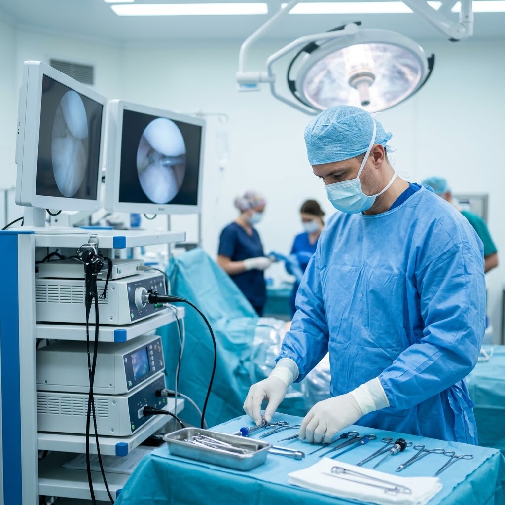 An experienced orthopedic surgeon at Austin Orthopedic Institute preparing specialized surgical micro-instruments in a high-tech operating room for an advanced hip arthroscopy.