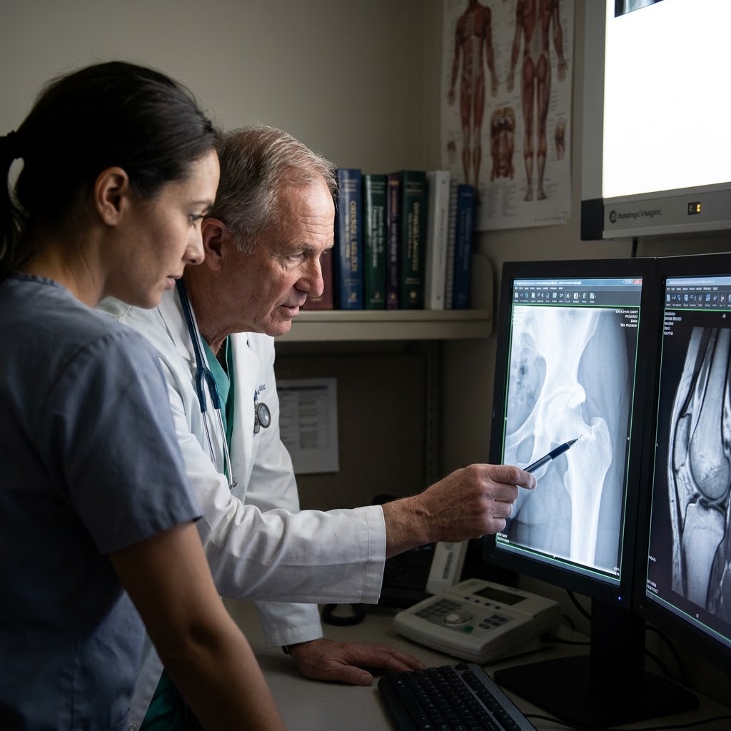 Orthopedic specialists at Austin Orthopedic Institute analyzing complex MRI scans on dual computer monitors to diagnose a pincer impingement and design a treatment plan.